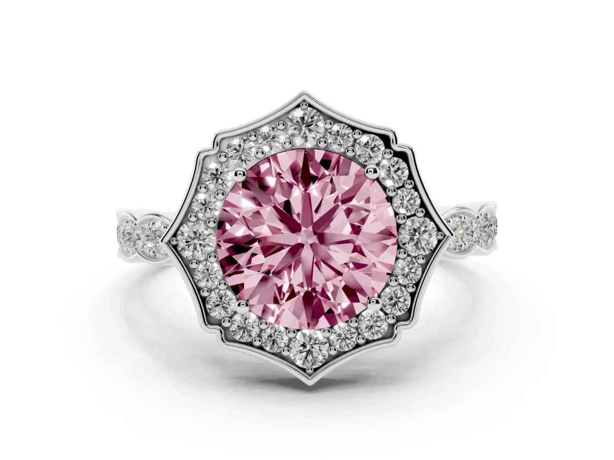 Fancy Pink Round Cut Halo Diamond Engagement Ring with Milgrain Band and Four-Prong Setting Platinum