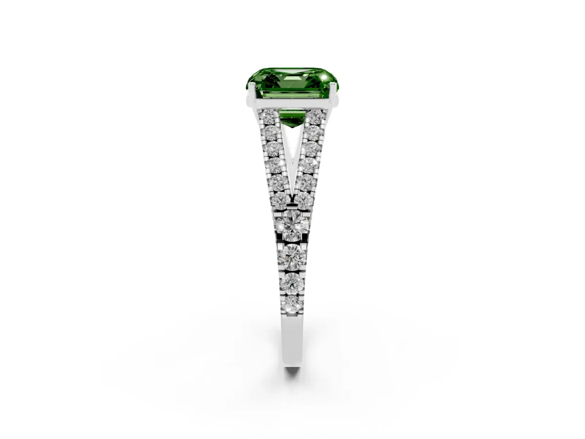 Fancy Green Asscher Cut Diamond Split Shank Engagement Ring with Round Pavé and Prong Setting Platinum