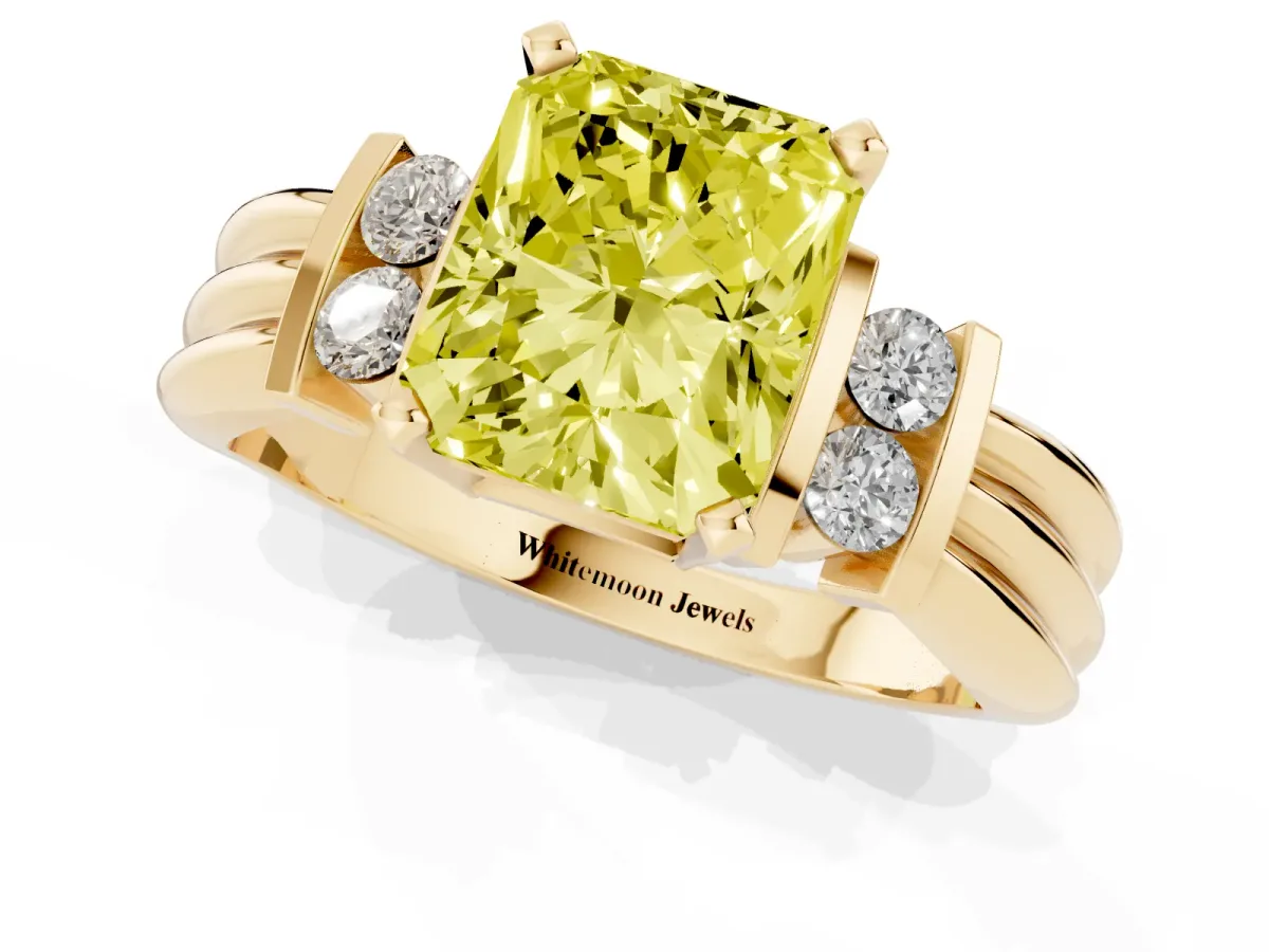 Fancy Yellow Radiant Cut Cut Three-Stone Channel Set Ring with Bar Prongs Yellow gold