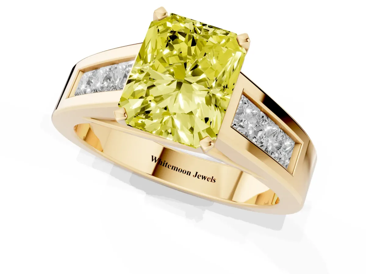 Fancy Yellow Radiant Cut Cut Channel Set Solitaire Ring with Four-Prong Setting Yellow gold