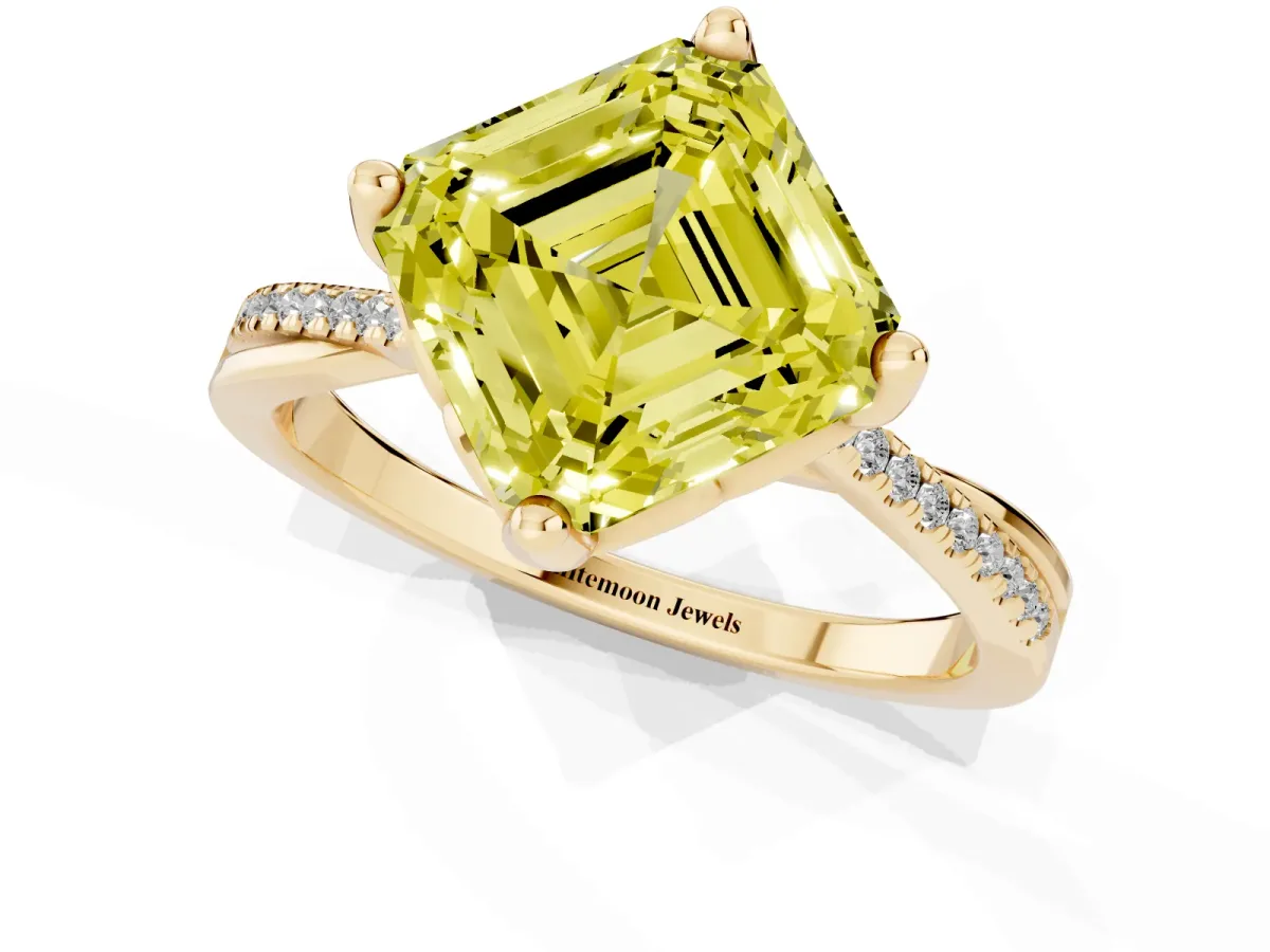 Fancy Yellow Asscher Cut Solitaire Twist Band with Pavé Diamonds and Four-Prong Setting Yellow gold