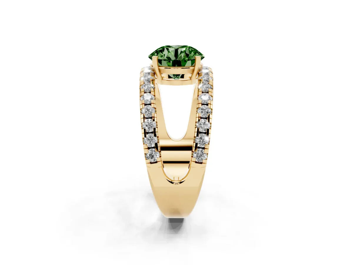 Fancy Green Round Cut Solitaire Split Shank Pave Diamond Ring Yellow gold