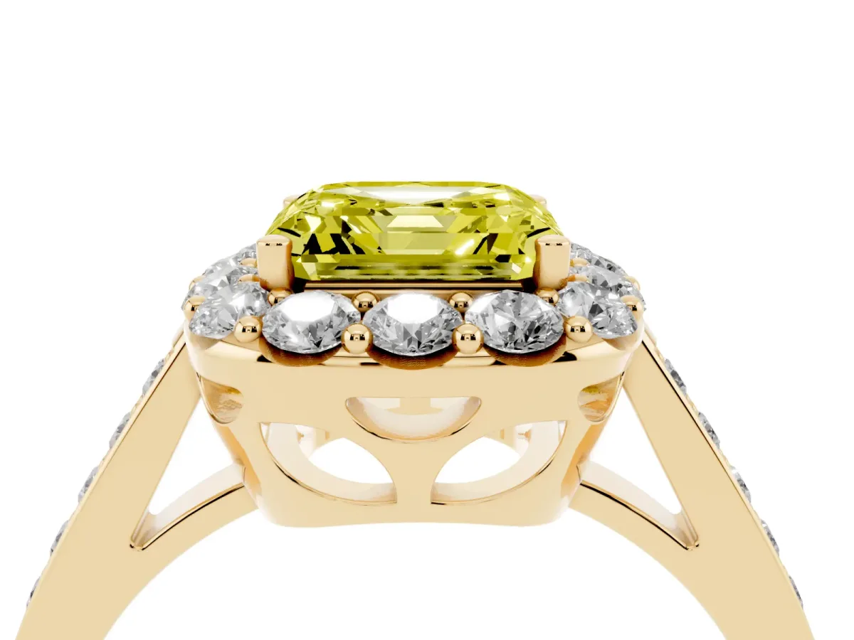 Fancy Yellow Asscher Cut Diamond Floral Halo Ring with Pavé Band and Prong Setting Yellow gold