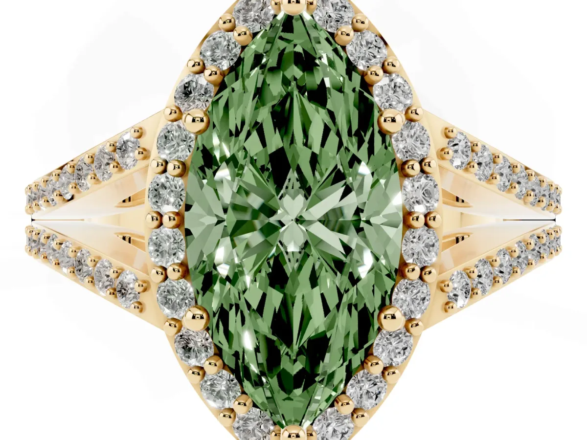 Fancy Green Marquise Cut Halo Split Shank Diamond Ring with Prong Setting Yellow gold