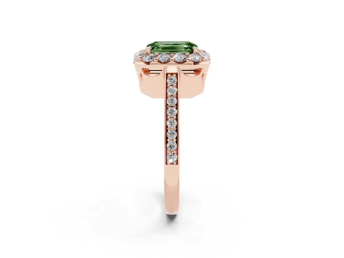 Fancy Green Emerald Cut Diamond Floral Halo Ring with Pavé Band and Prong Setting Rose gold