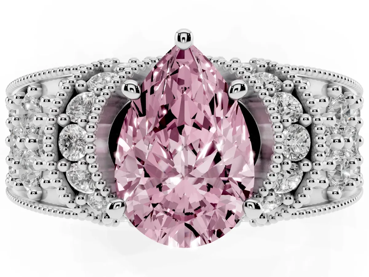 Fancy Pink Pear Cut Halo Pave Diamond Engagement Ring with Milgrain Detailing Silver