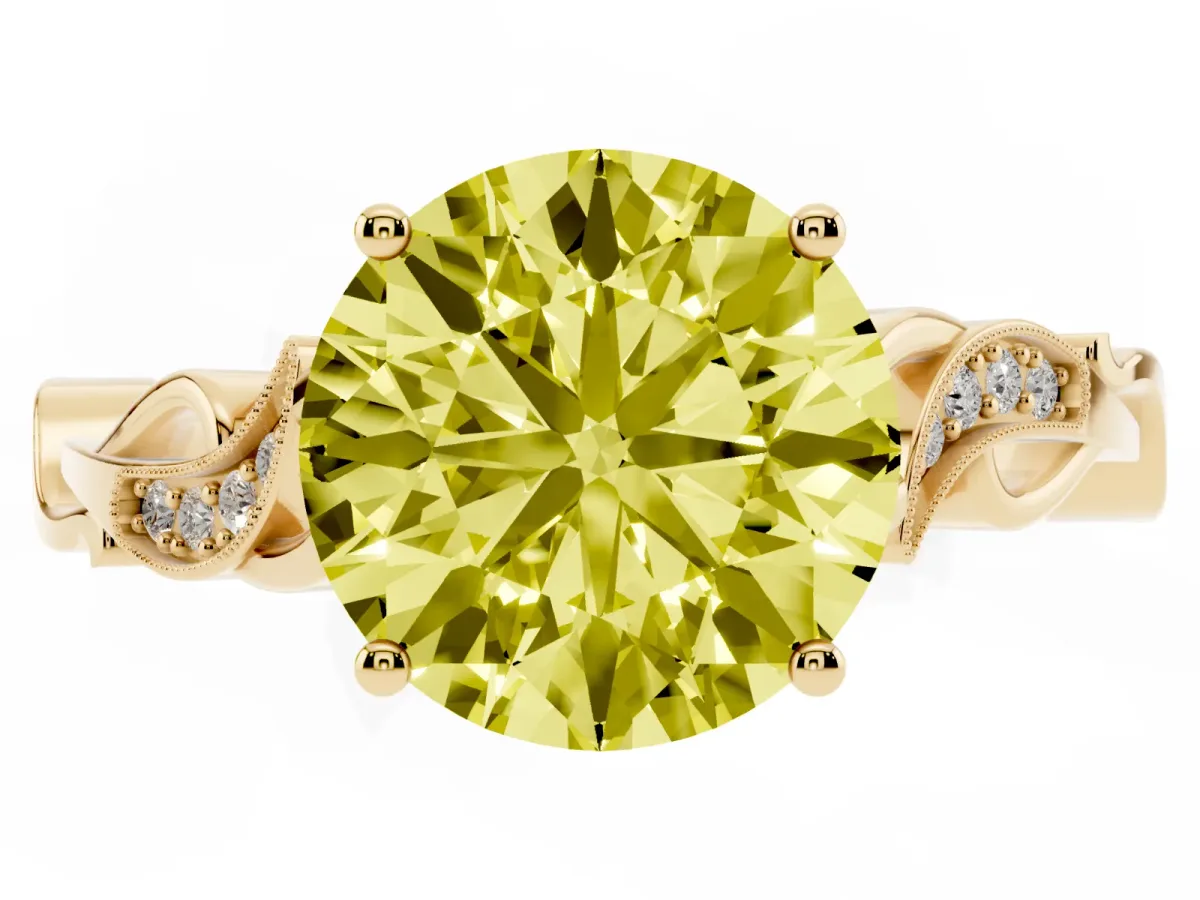 Fancy Yellow Round Cut Solitaire Vine Band with Milgrain Prong Setting Yellow gold