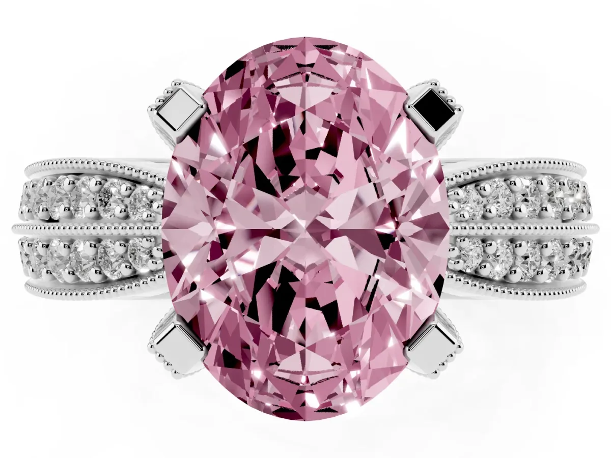 Fancy Pink Oval Cut Diamond Solitaire Ring with Milgrain Round Pavé Band and Prong Setting Silver