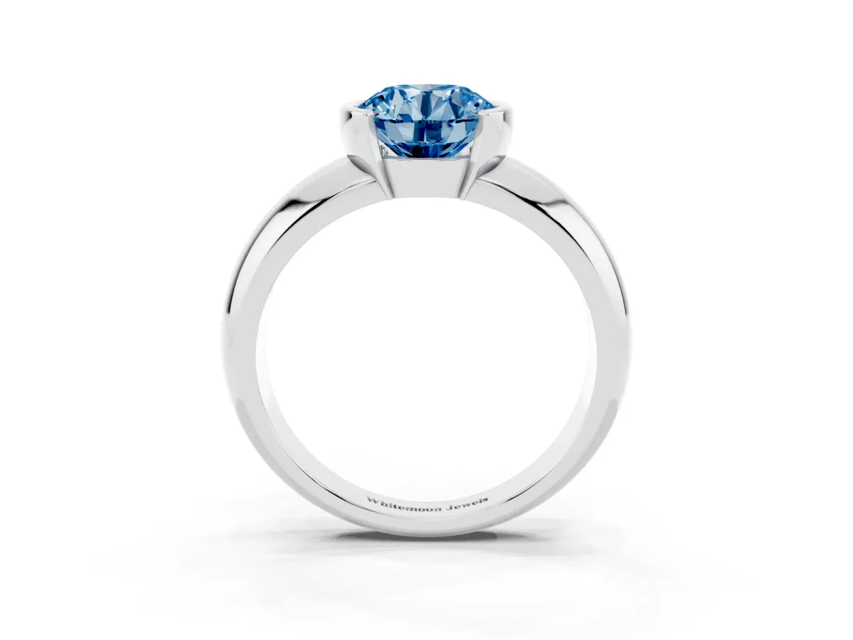 Fancy Blue Round Cut Solitaire Tension Set Diamond Ring with Wide Band Silver