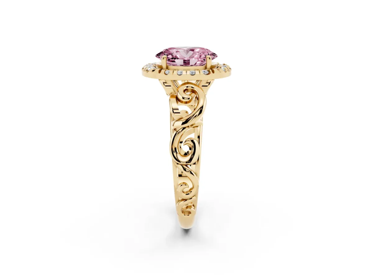 Fancy Pink Oval Cut Cut Halo Diamond Ring with Scrollwork Band and Four-Prong Setting Yellow gold