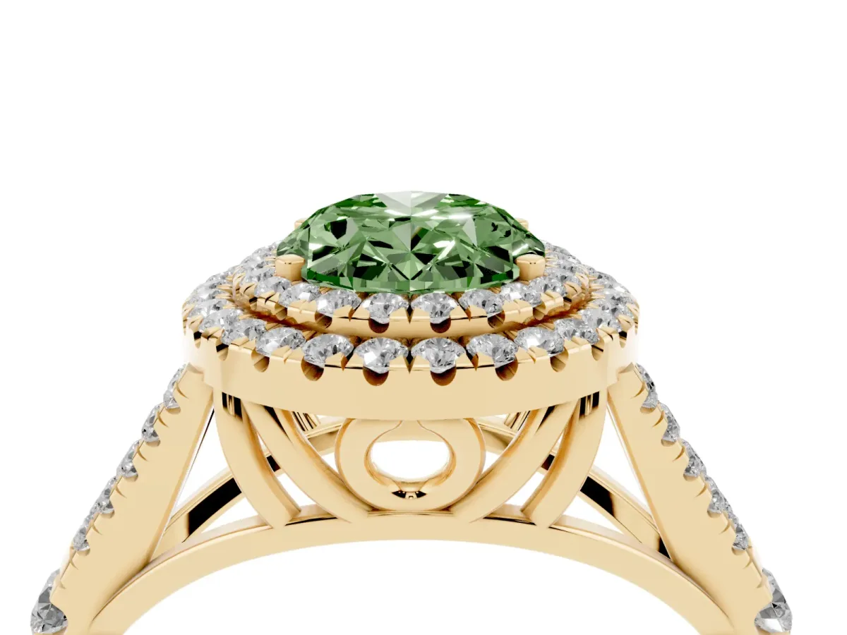 Fancy Green Oval Cut Cut Double Halo Split Shank Diamond Ring with Prong Setting Yellow gold