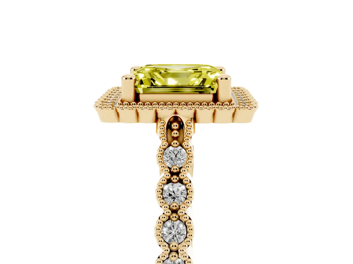 Fancy Yellow Asscher Cut Cut Halo Pavé Solitaire Ring with Milgrain Band Yellow gold