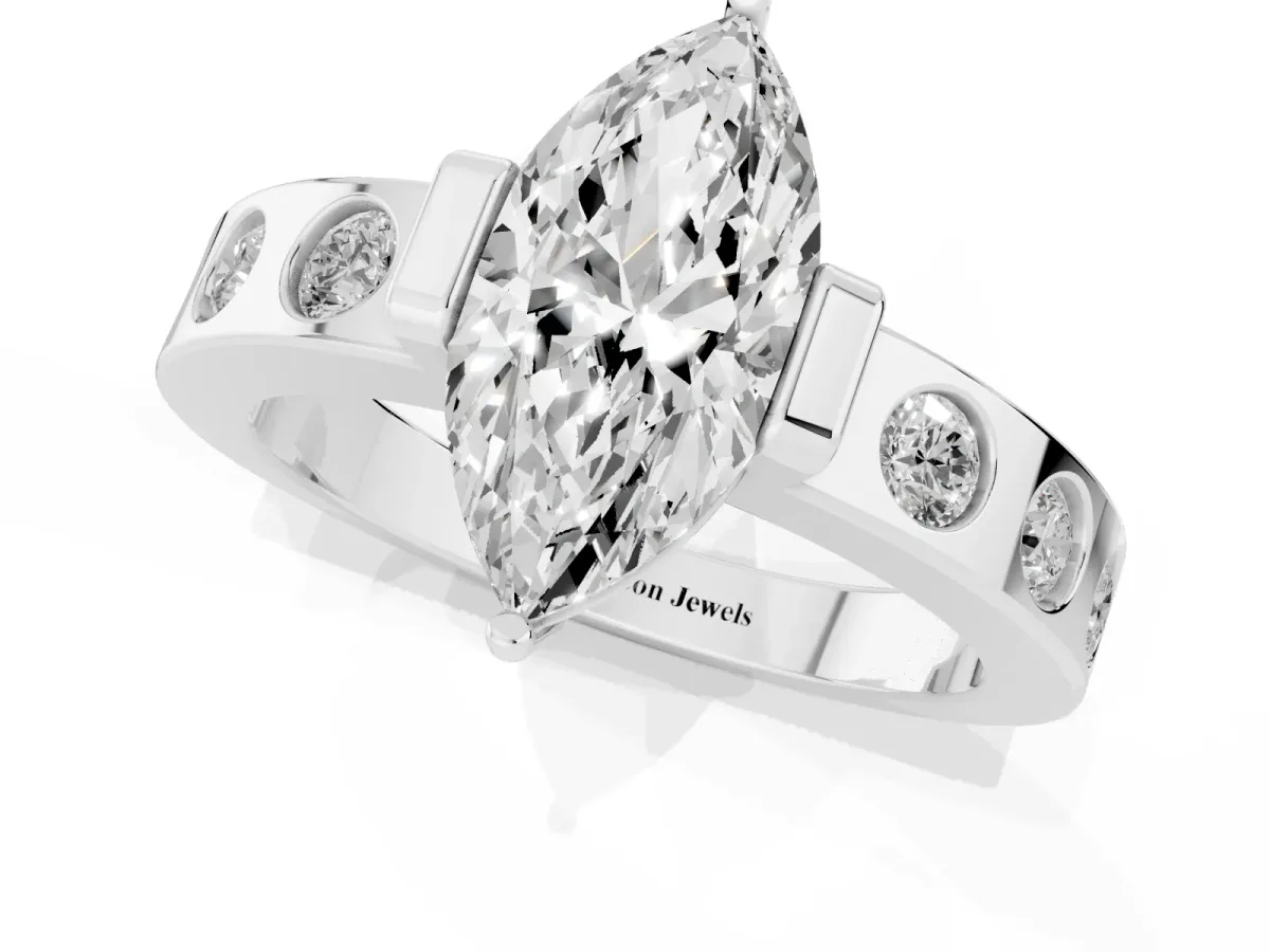 Marquise Cut Brilliant Channel-Set Diamond Ring with Bezel Prong Setting Platinum