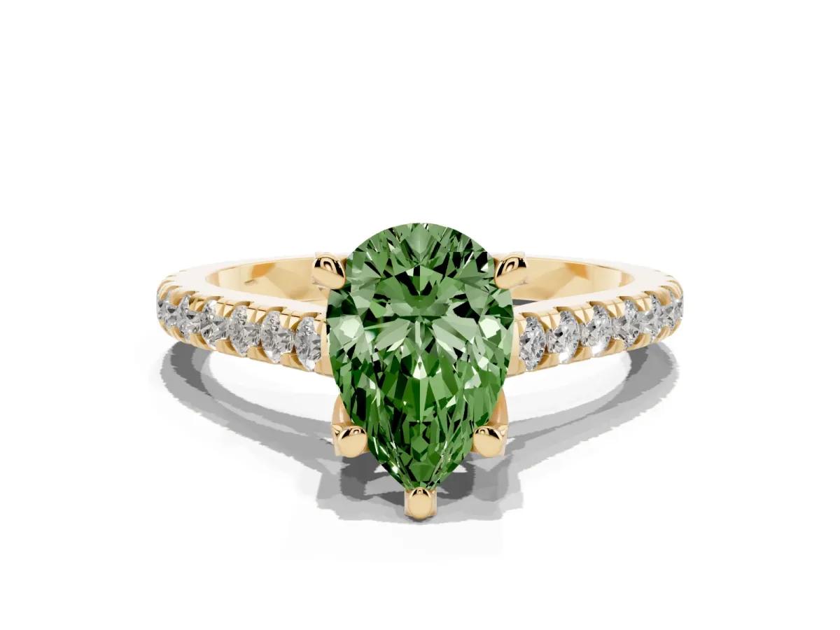 Fancy Green Pear Cut Brilliant Diamond Solitaire with Pavé Band and Four-Prong Setting Yellow gold
