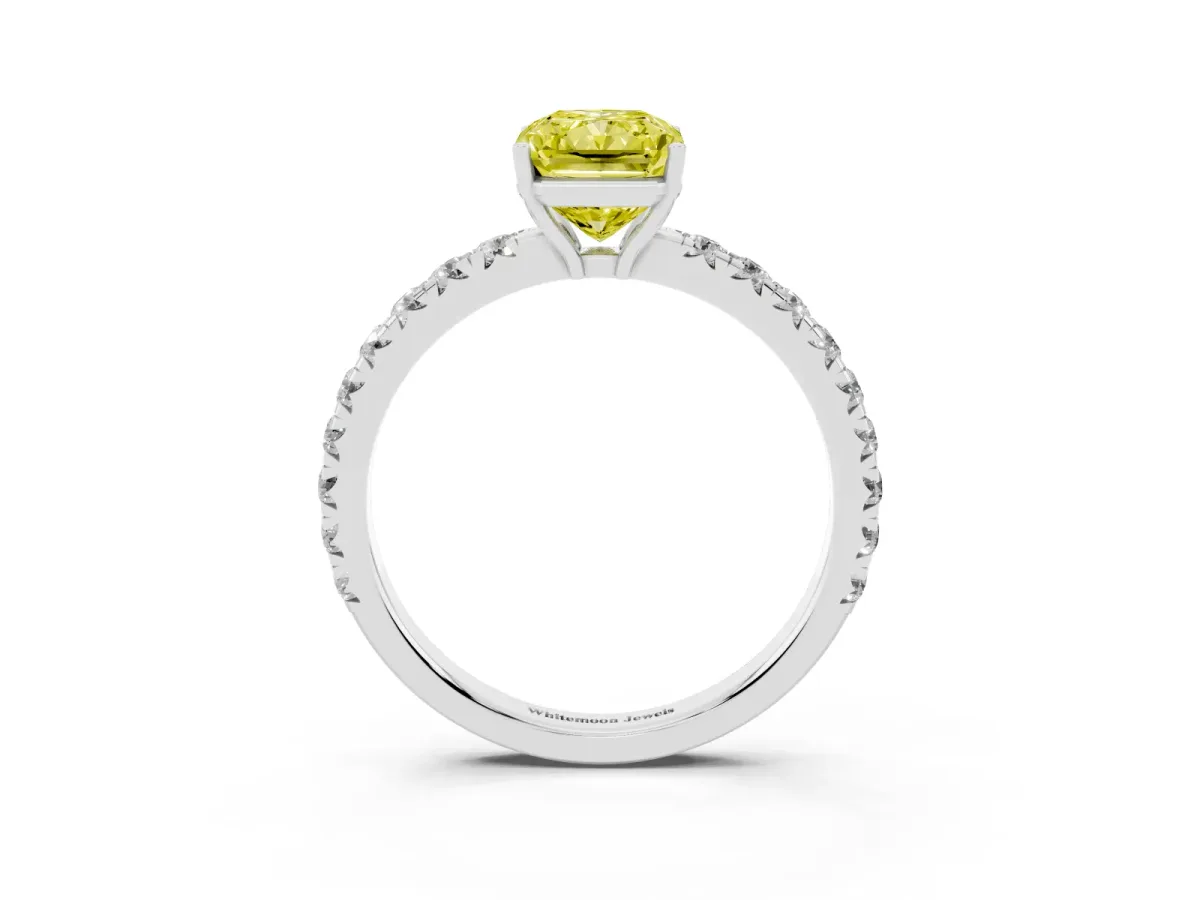 Fancy Yellow Radiant Cut Diamond Pavé Solitaire Engagement Ring with Four-Prong Setting Silver