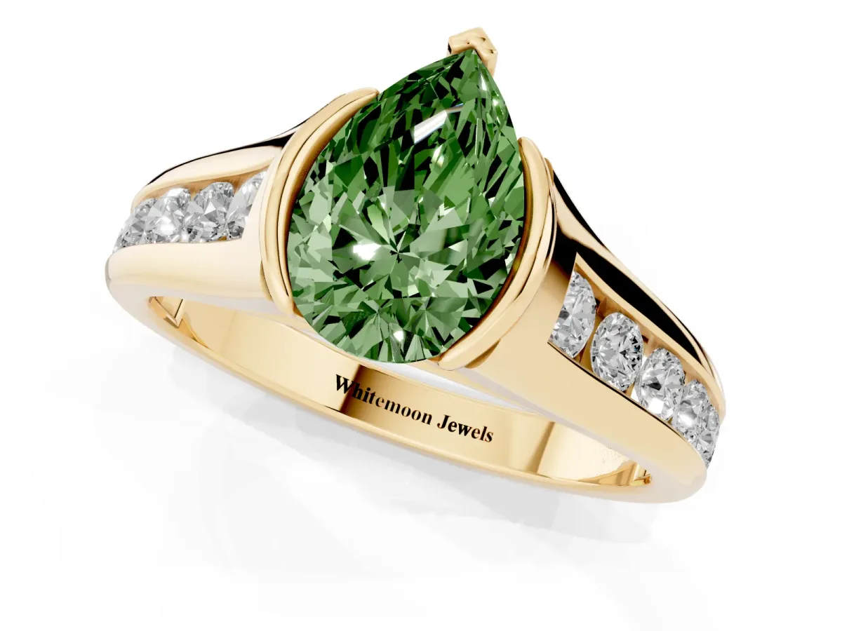 Fancy Green Pear Cut Solitaire Bezel-Set Diamond Ring with Channel-Set Band Yellow gold