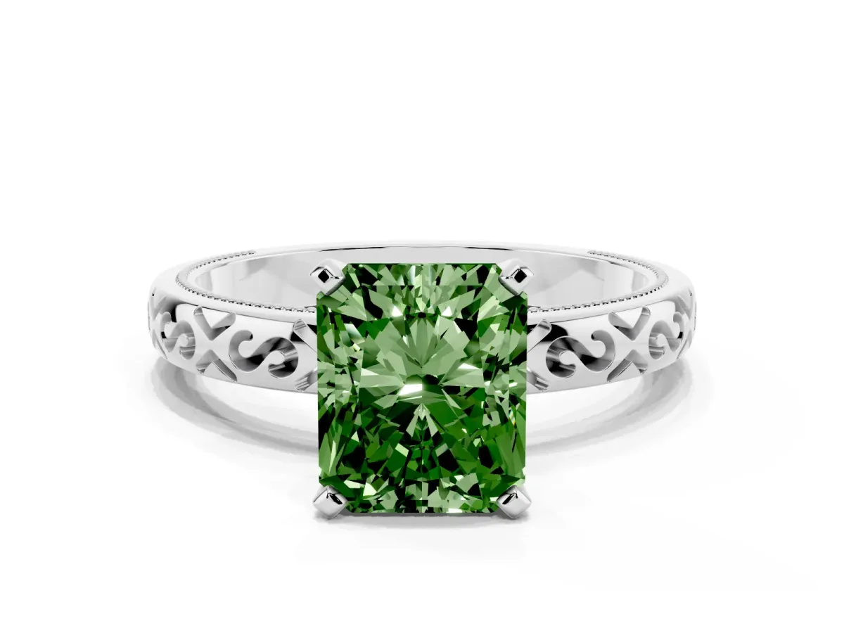 Fancy Green Radiant Cut Solitaire Engagement Ring with Scrollwork Band and Four-Prong Setting Silver