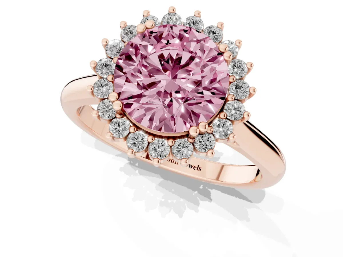 Fancy Pink Round Cut Cut Diamond Halo Ring with Solitaire Band and Prong Setting Rose gold