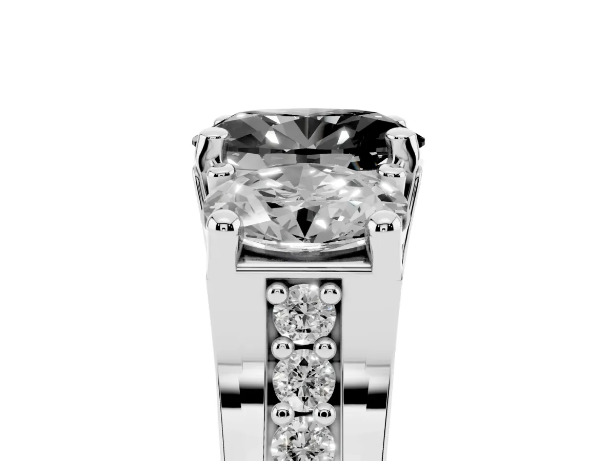 Fancy Black Oval Cut Diamond Three-Stone Ring with Channel Set Band and Four-Prong Setting Silver