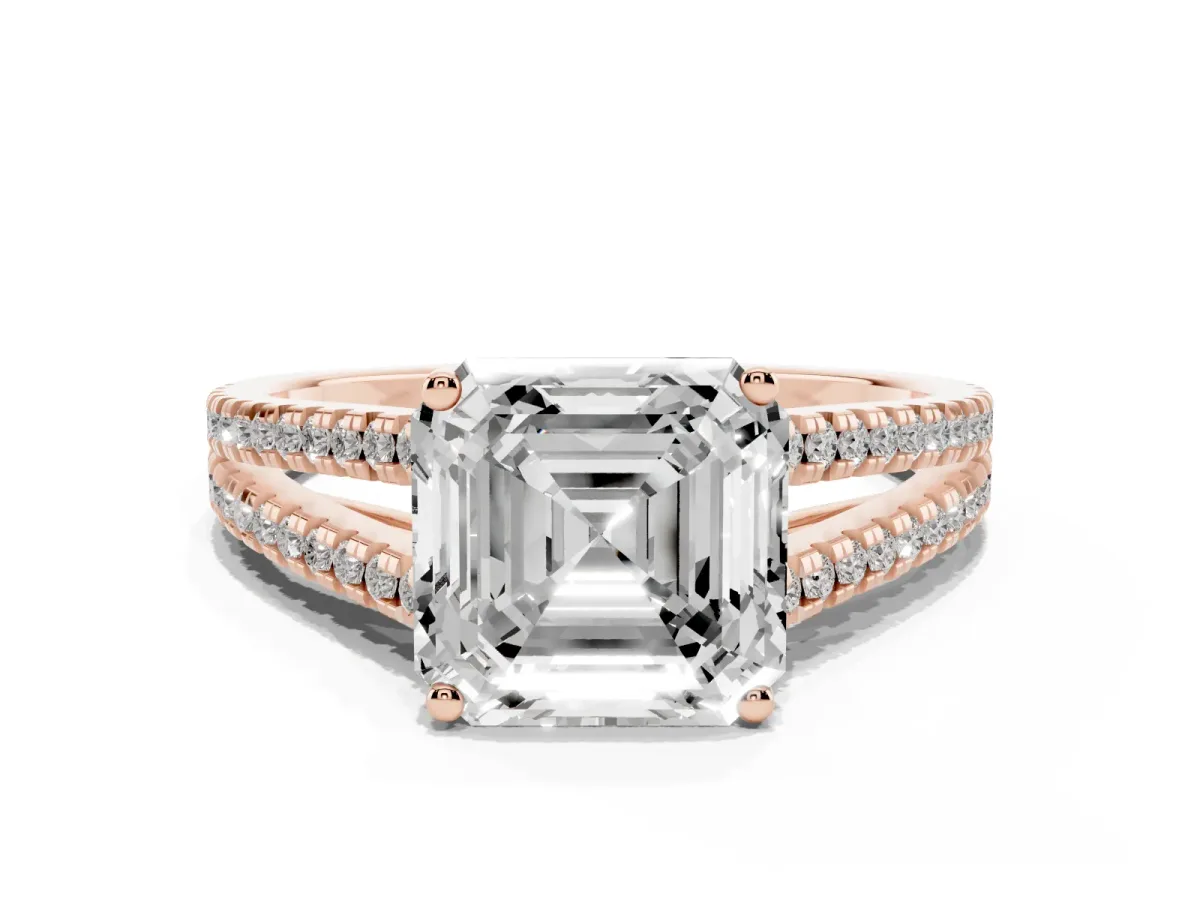 Asscher Cut Diamond Solitaire Engagement Ring with Split Shank Pavé Band Rose gold