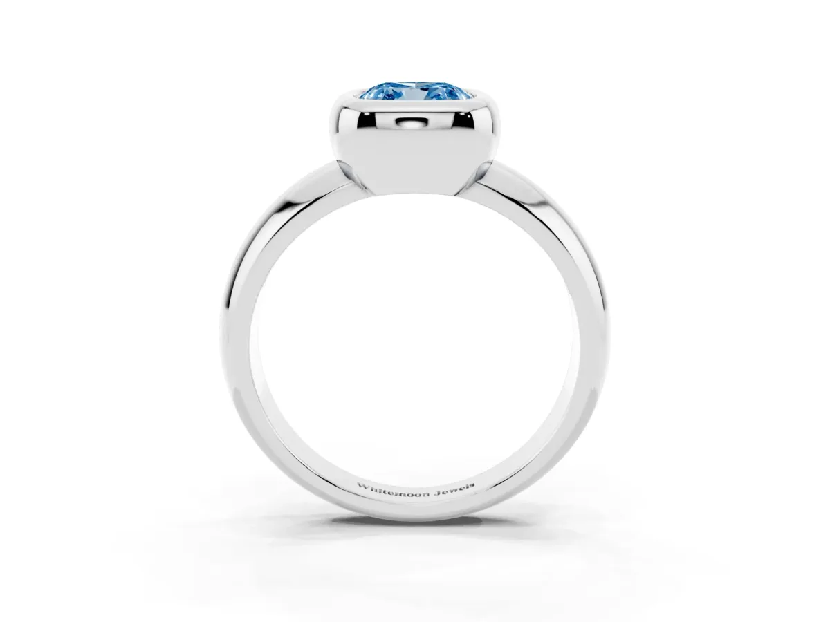 Fancy Blue Bezel Set Cushion Cut Solitaire Ring with Wide Band Silver