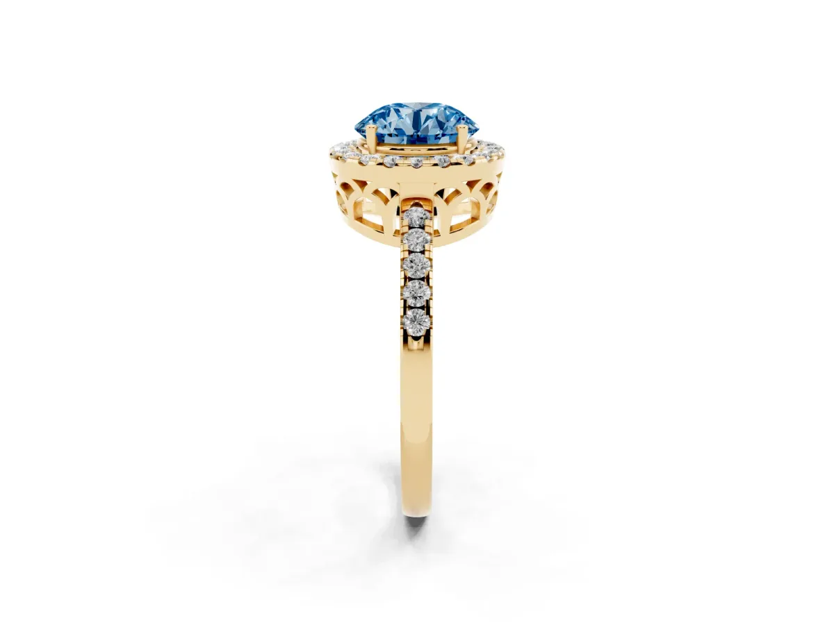 Fancy Blue Round Cut Halo Diamond Engagement Ring with Pavé Band and Four-Prong Setting Yellow gold