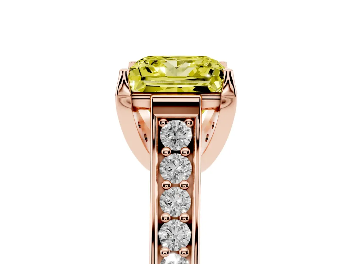 Fancy Yellow Princess Cut Brilliant Cut Diamond Engagement Ring with Pavé Band and Four-Prong Setting Rose gold