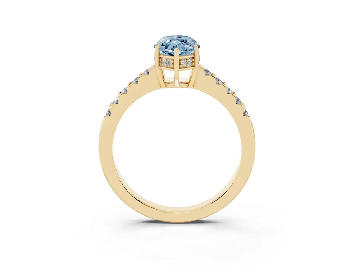 Fancy Blue Marquise Cut Solitaire Diamond Engagement Ring with Pavé Band and Six-Prong Setting Yellow gold