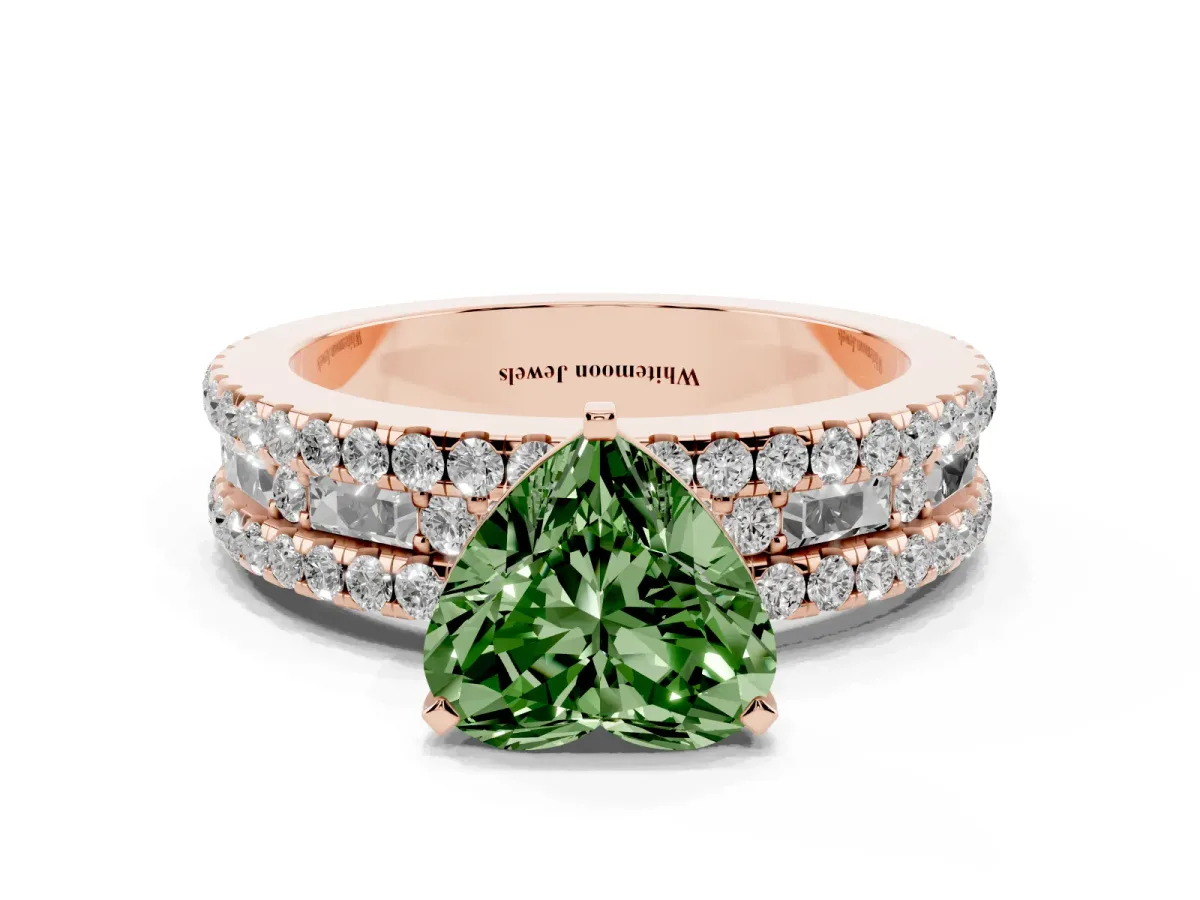 Fancy Green Heart Cut Diamond Solitaire Ring with Pavé and Channel Set Band Rose gold