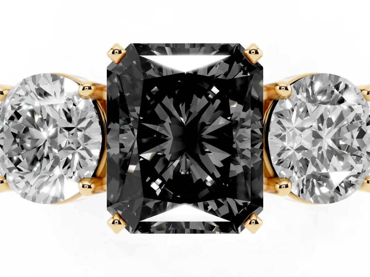 Fancy Black Three-Stone Radiant Cut Diamond Ring with Round Side Stones, Classic Band, and Four-Prong Setting Yellow gold
