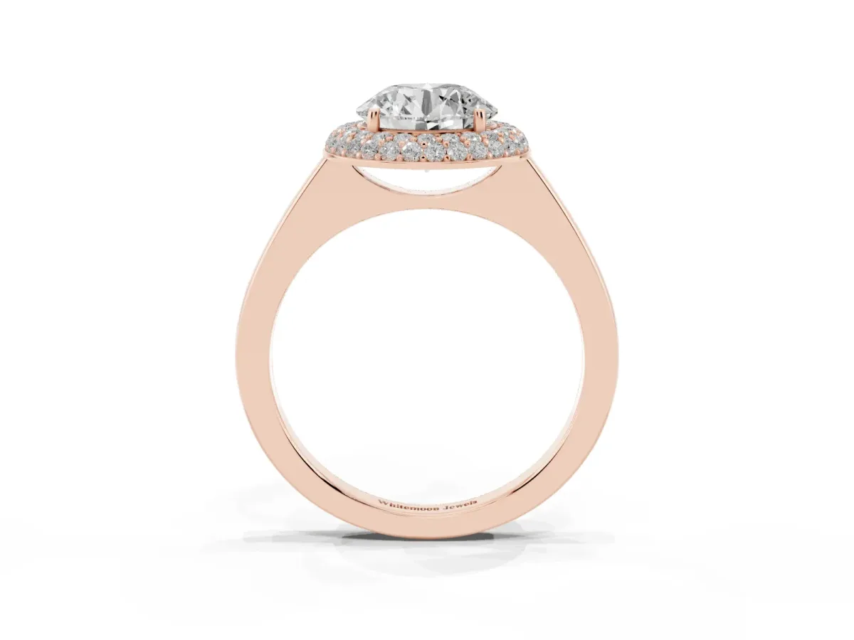 Round Cut Halo Diamond Engagement Ring with Solitaire Band and Four-Prong Setting Rose gold