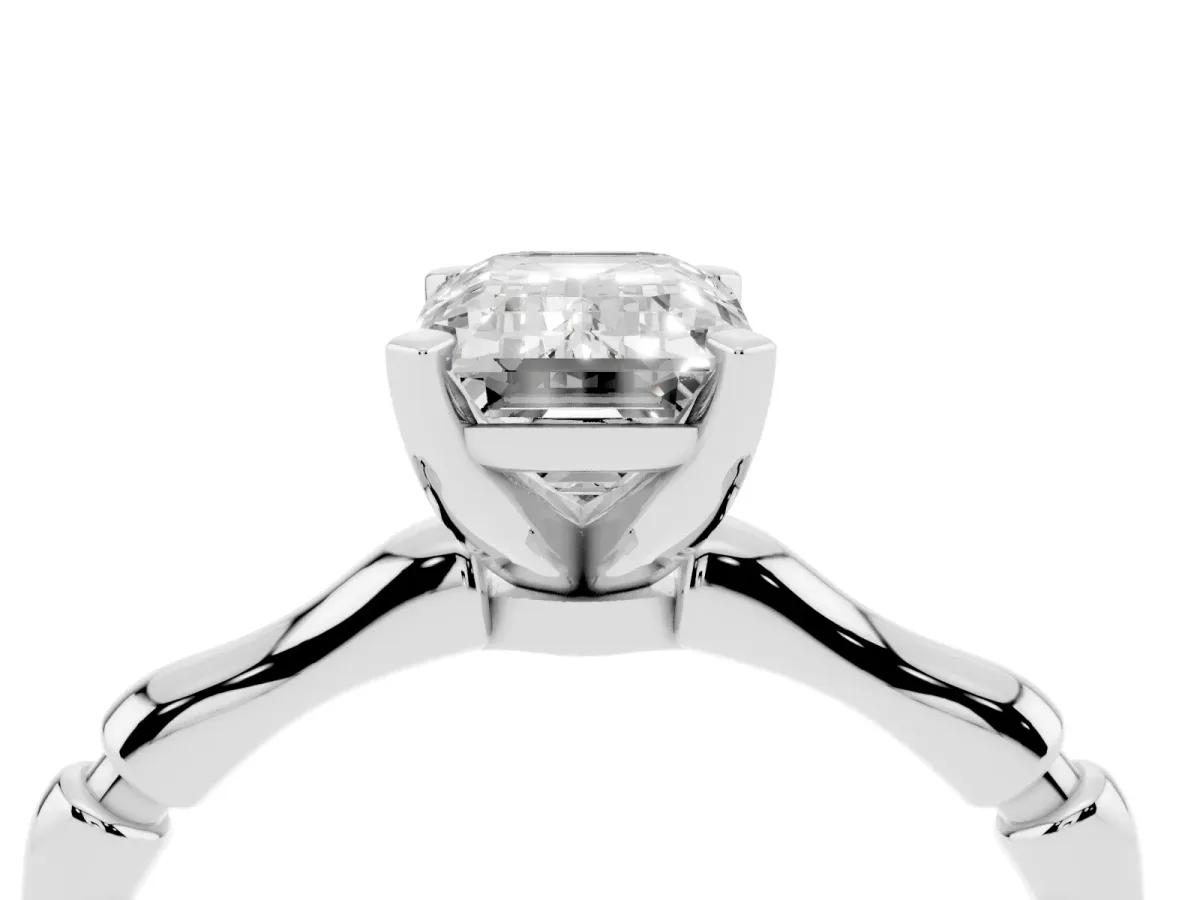 Emerald Cut Solitaire Diamond Ring with Bamboo Band and Four-Prong Setting Silver