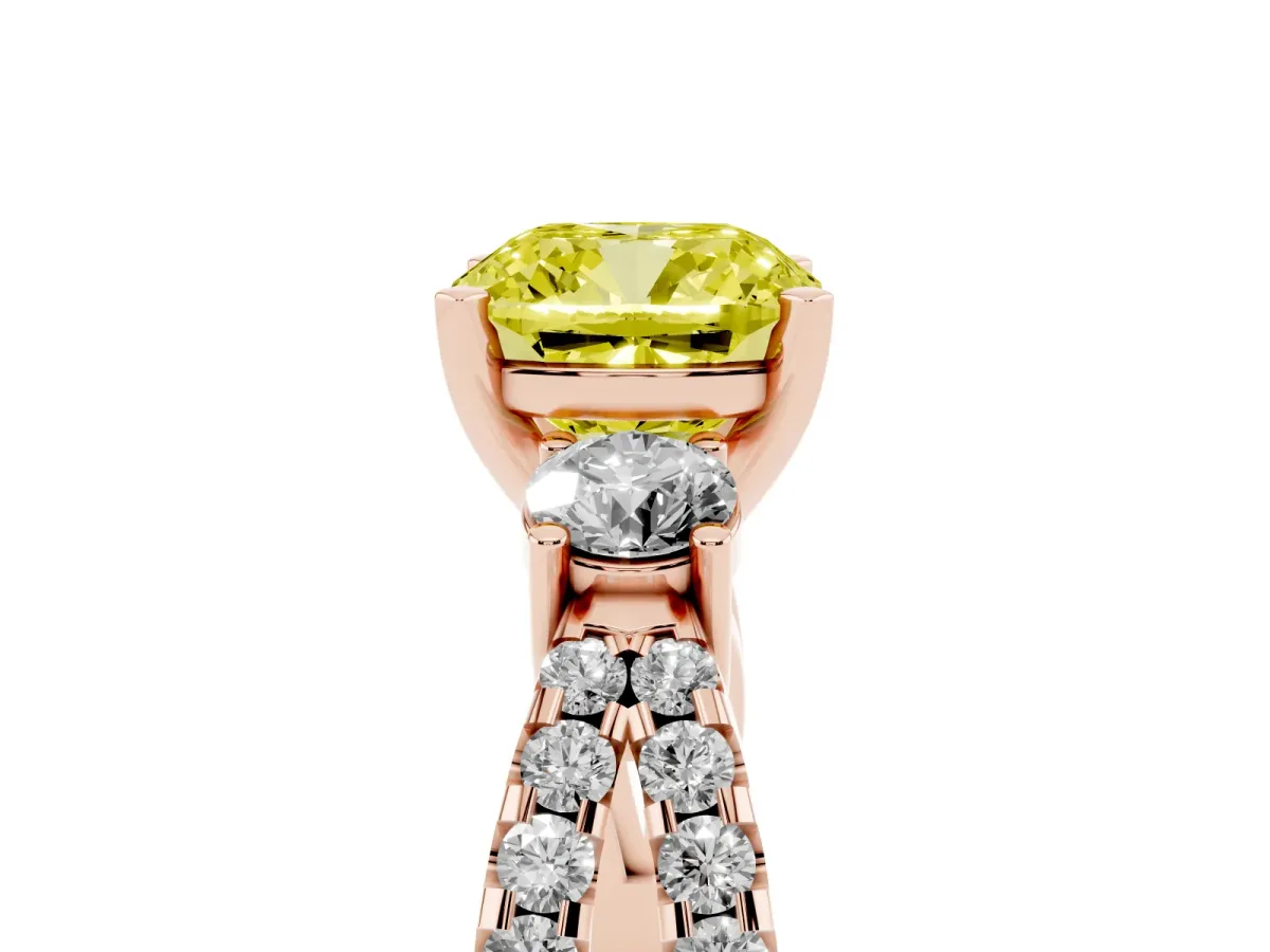 Fancy Yellow Cushion Cut Diamond Three-Stone Ring with Pavé Split Shank and Four-Prong Setting Rose gold