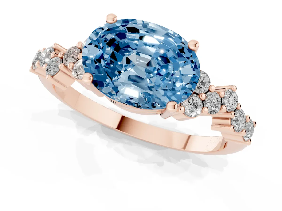 Fancy Blue Oval Cut Diamond Scattered Round Accent Ring with Prong Setting Rose gold