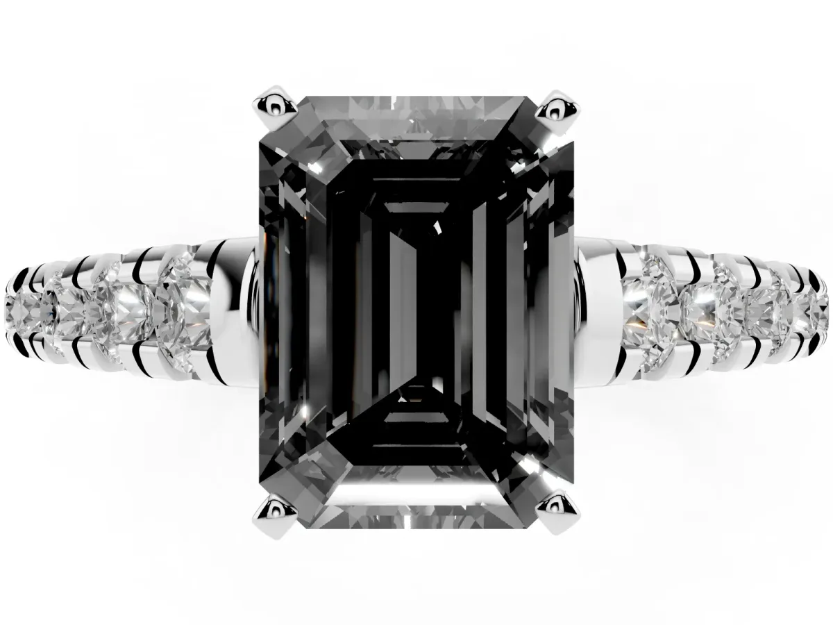 Fancy Black Emerald Cut Diamond Cathedral Solitaire Ring with Round Pavé Band Silver