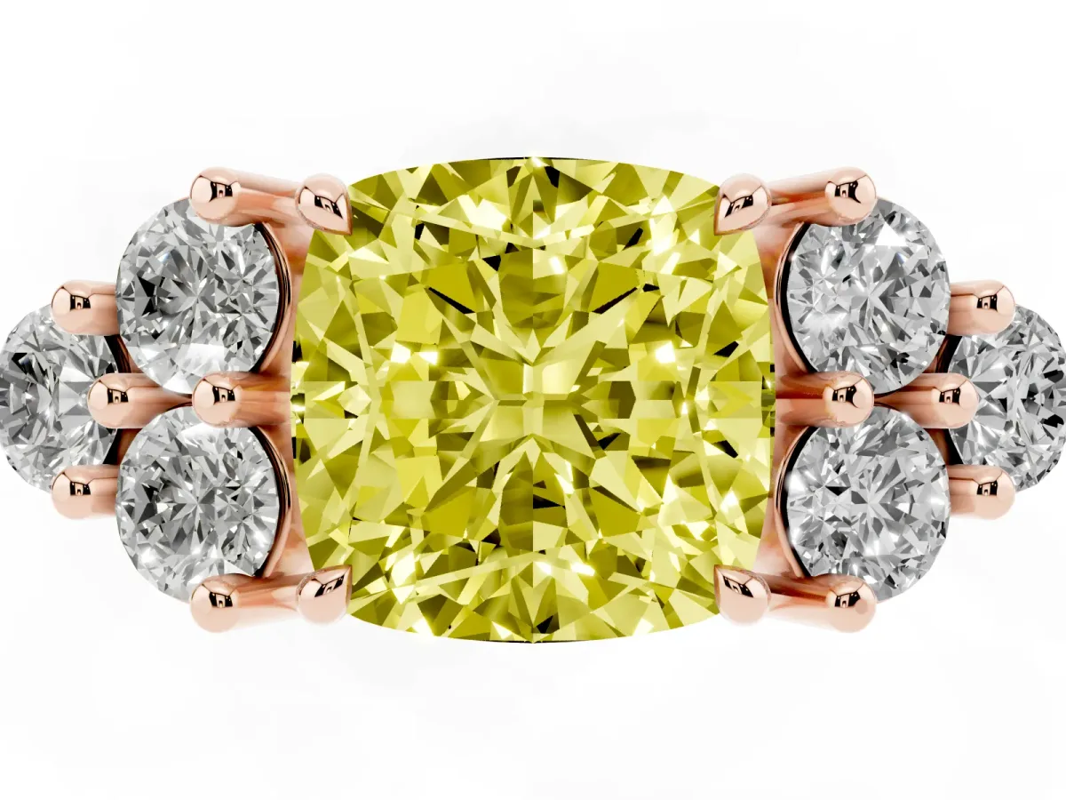 Fancy Yellow Cushion Cut Brilliant Diamond Cluster Accent Solitaire Ring with Prong Setting Rose gold
