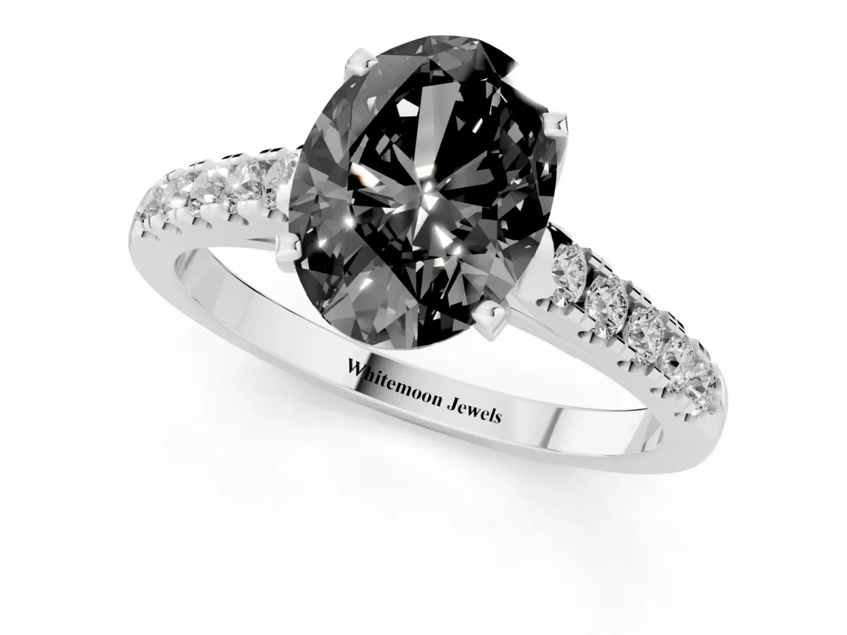 Fancy Black Oval Cut Diamond Pavé Band Solitaire Ring with Prong Setting Silver