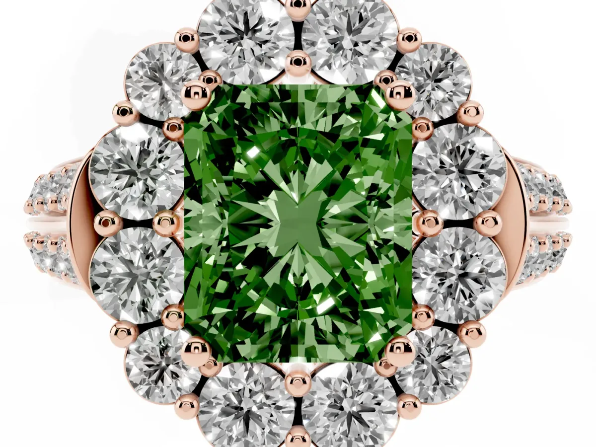 Fancy Green Radiant Cut Halo Diamond Engagement Ring with Split Shank and Prong Setting Rose gold