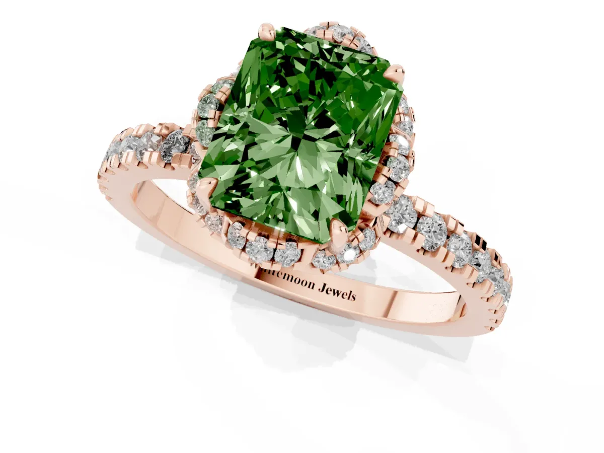 Fancy Green Radiant Cut Diamond Halo Pave Band with Four-Prong Setting Rose gold