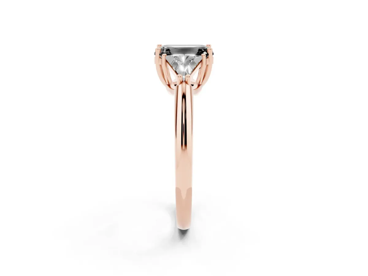 Fancy Black Three-Stone Emerald Cut Diamond Engagement Ring with Trillion Side Stones and Prong Setting Rose gold