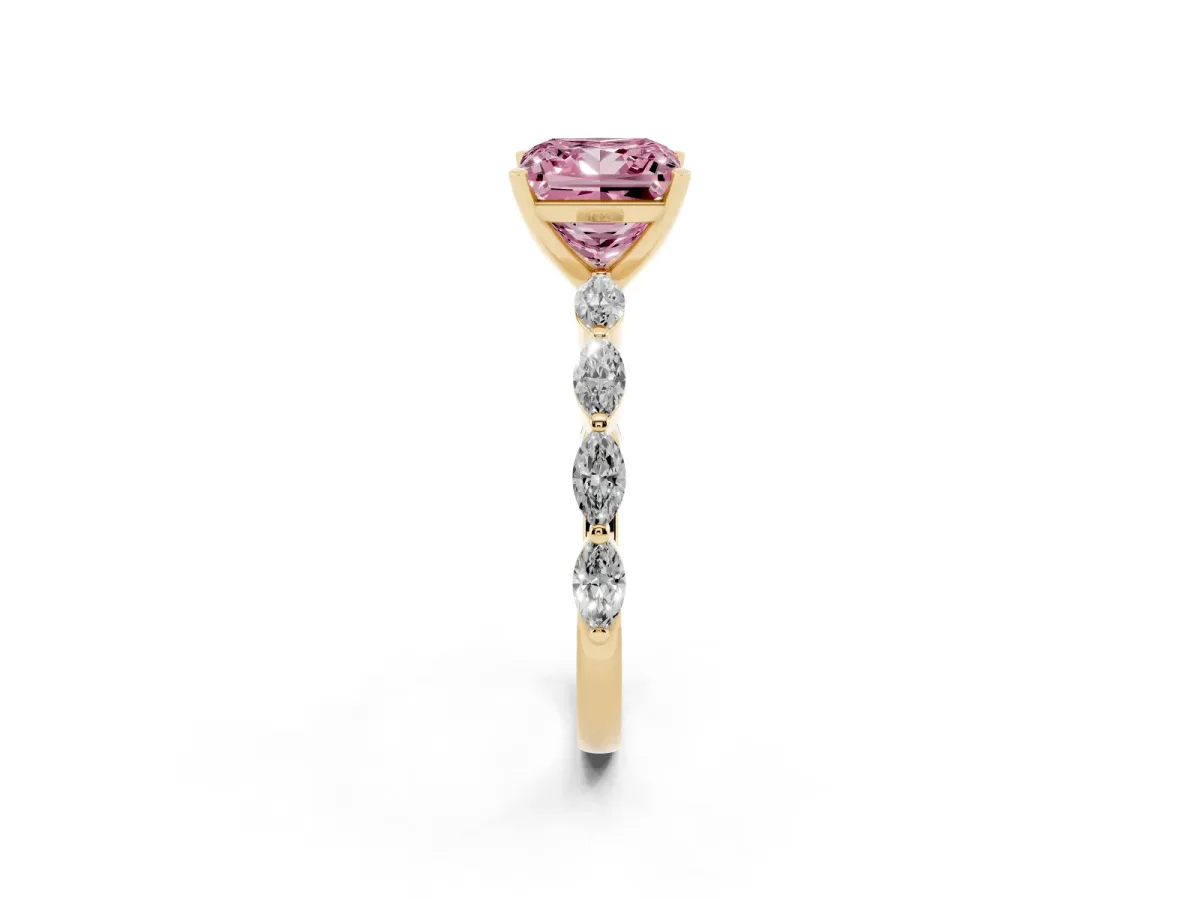 Fancy Pink Princess Cut Diamond Ring with Marquise Side Stones and Prong Setting Yellow gold