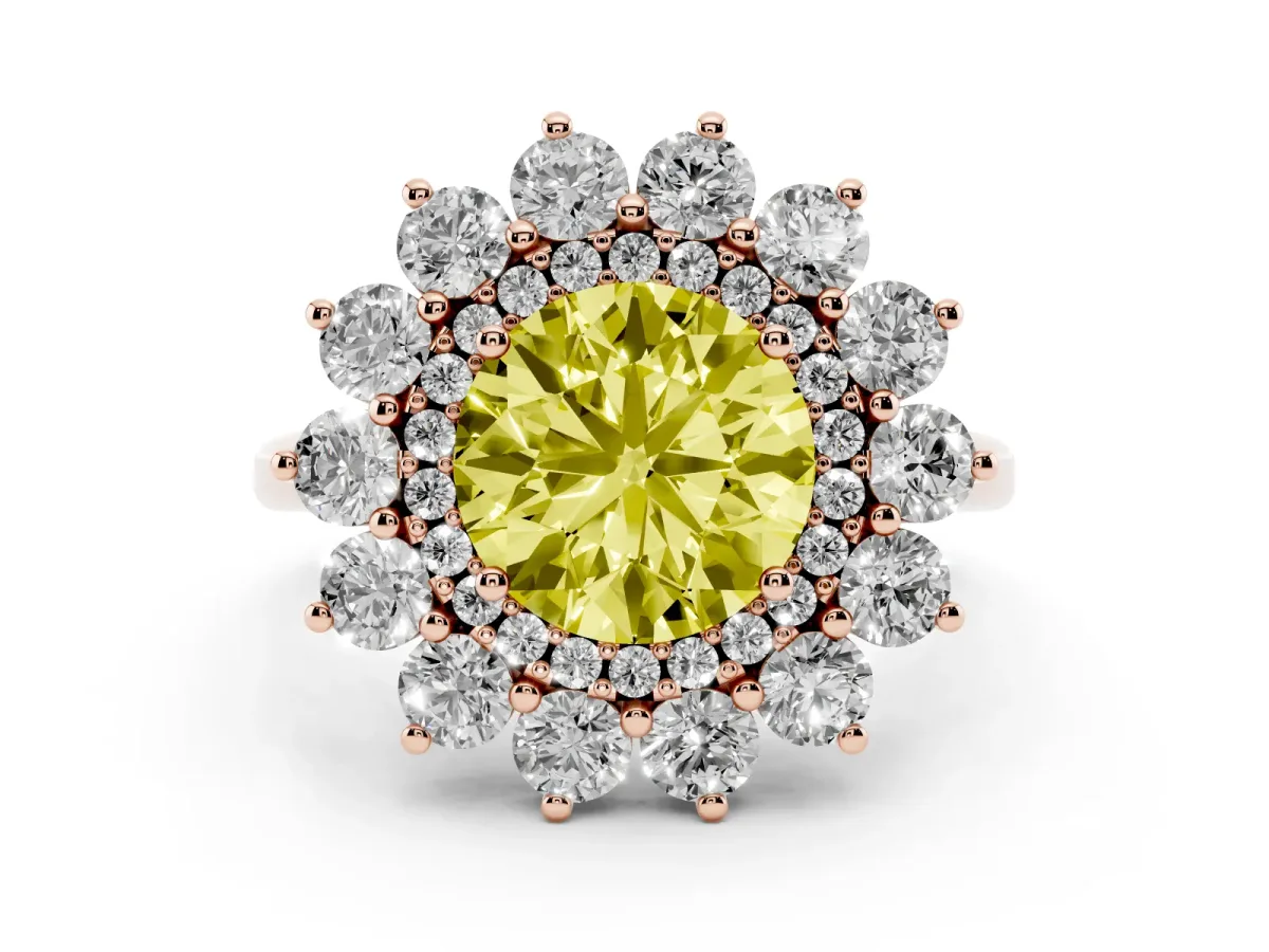 Fancy Yellow Round Cut Diamond Floral Double Halo Engagement Ring with Prong Setting Rose gold
