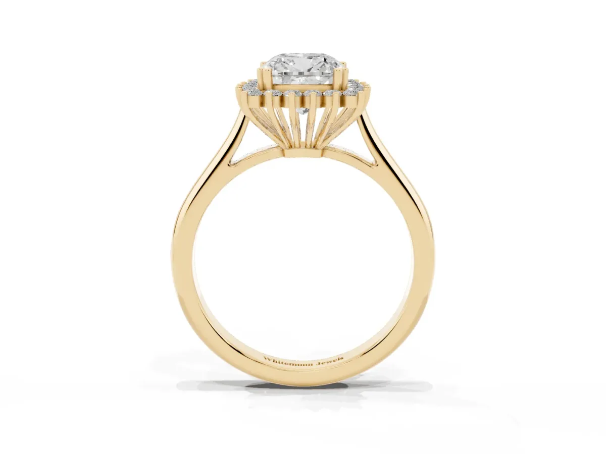 Cushion Cut Cut Diamond Halo Ring with Solitaire Band and Prong Setting Yellow gold