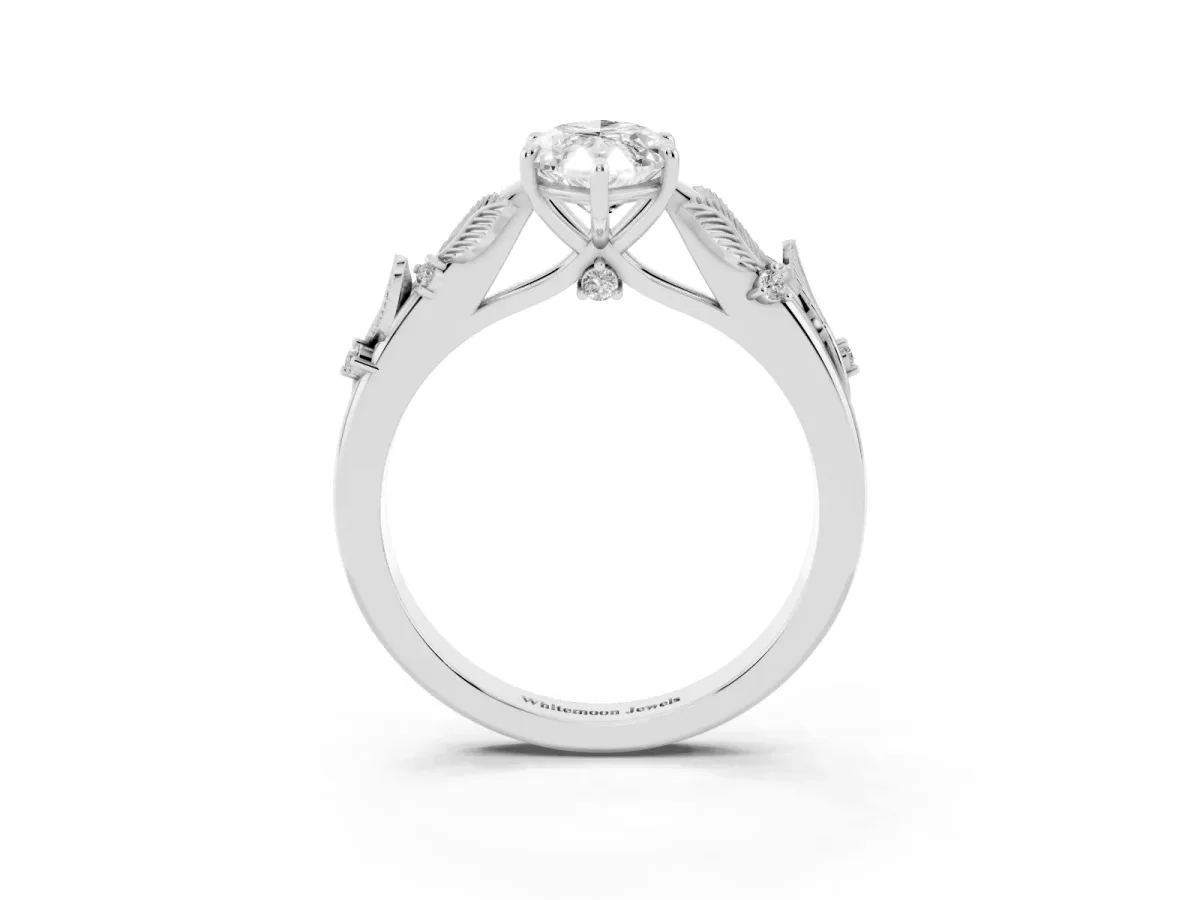 Marquise Cut Diamond Solitaire Ring with Leaf Motif Band and Four-Prong Setting Silver