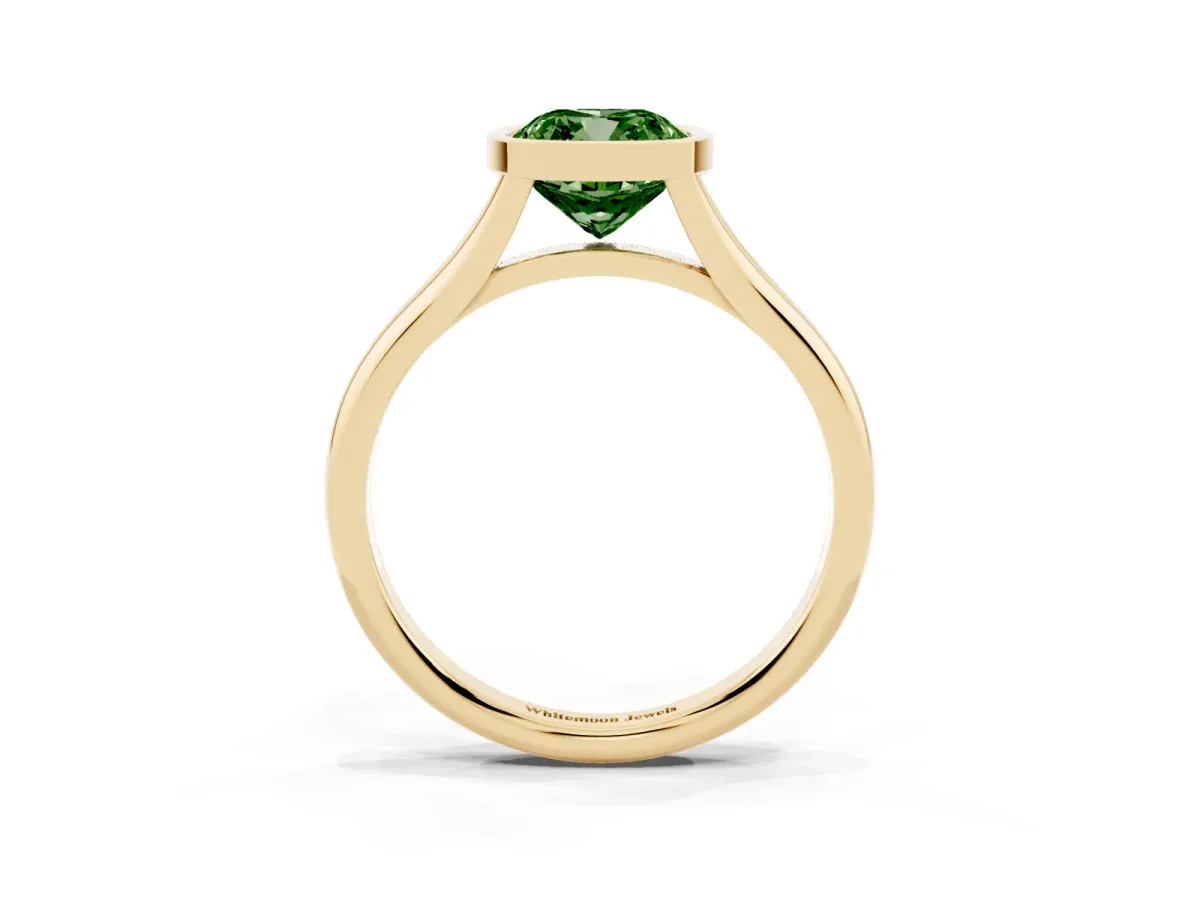 Fancy Green Bezel Set Cushion Cut Cut Solitaire Ring with Tapered Band Yellow gold