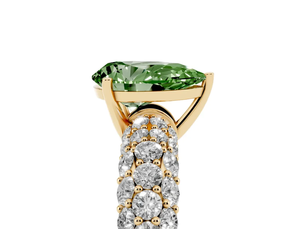 Fancy Green Pear Cut Diamond Pavé Band Solitaire Ring with Four-Prong Setting Yellow gold