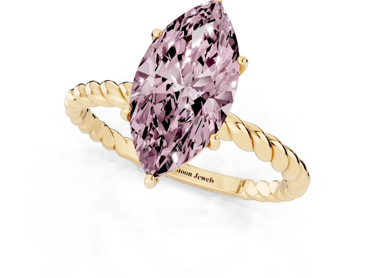 Fancy Pink Marquise Cut Solitaire Twist Band Ring with Four-Prong Setting Yellow gold