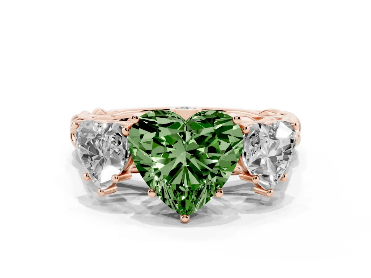 Fancy Green Three-Stone Heart Cut Diamond Braided Band Ring with Four-Prong Setting Rose gold