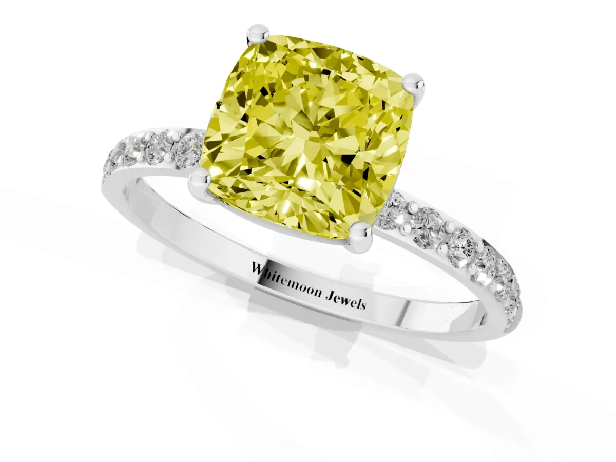 Fancy Yellow Cushion Cut Diamond Solitaire Ring with Round Pavé Shoulders and Prong Setting Silver
