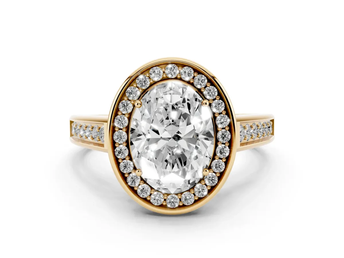 Oval Cut Halo Solitaire Diamond Ring with Pave Band and Bezel Setting Yellow gold